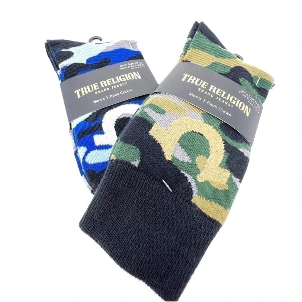 True Religion Men’s Crew Socks Camo 2 Pair - 1 Blue 1 Green Cotton New NWT
